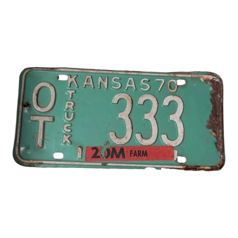 1970 Kansas Truck 8M License Plate OT 333 With Farm Sticker Collector Garage
